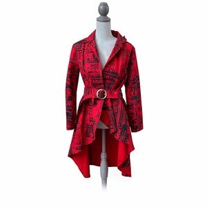 ESY Studio EY Red Black Graphic Print Belted Jacket Coat XL Waterfall Hem Like N